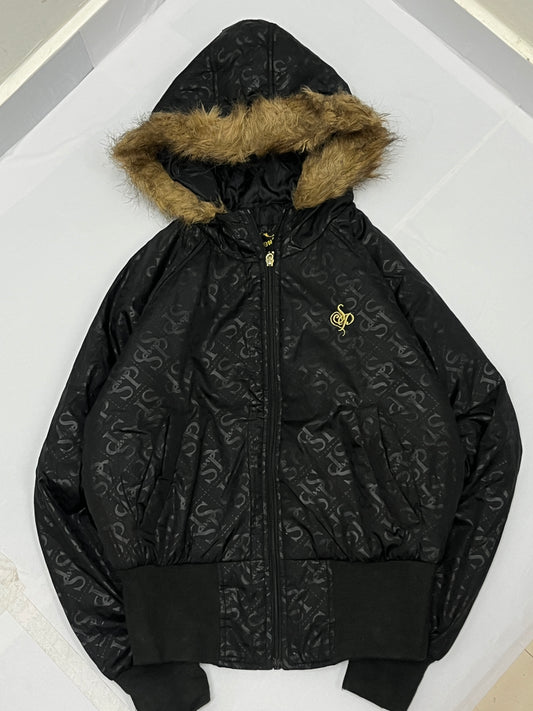 South pole premium fur hodded cropped black jacket