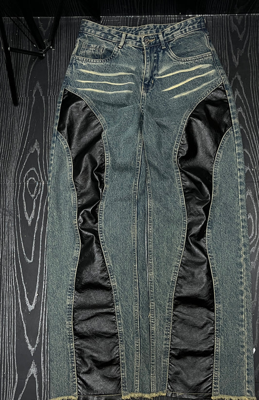 Leather stripped baggy jeans