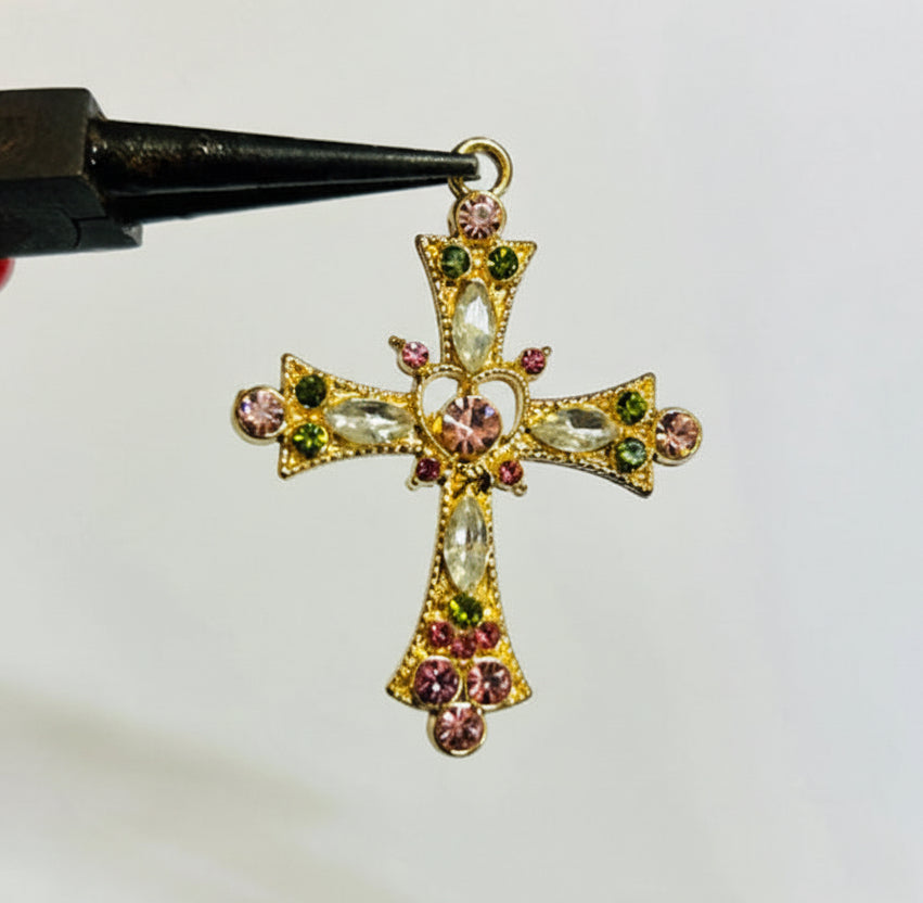 Gold Trending Cross , Green Pink pendant with chain