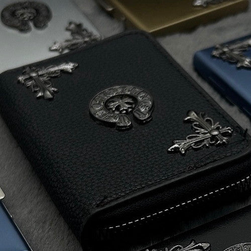 Black leather gothic Ch Card Holder wallet