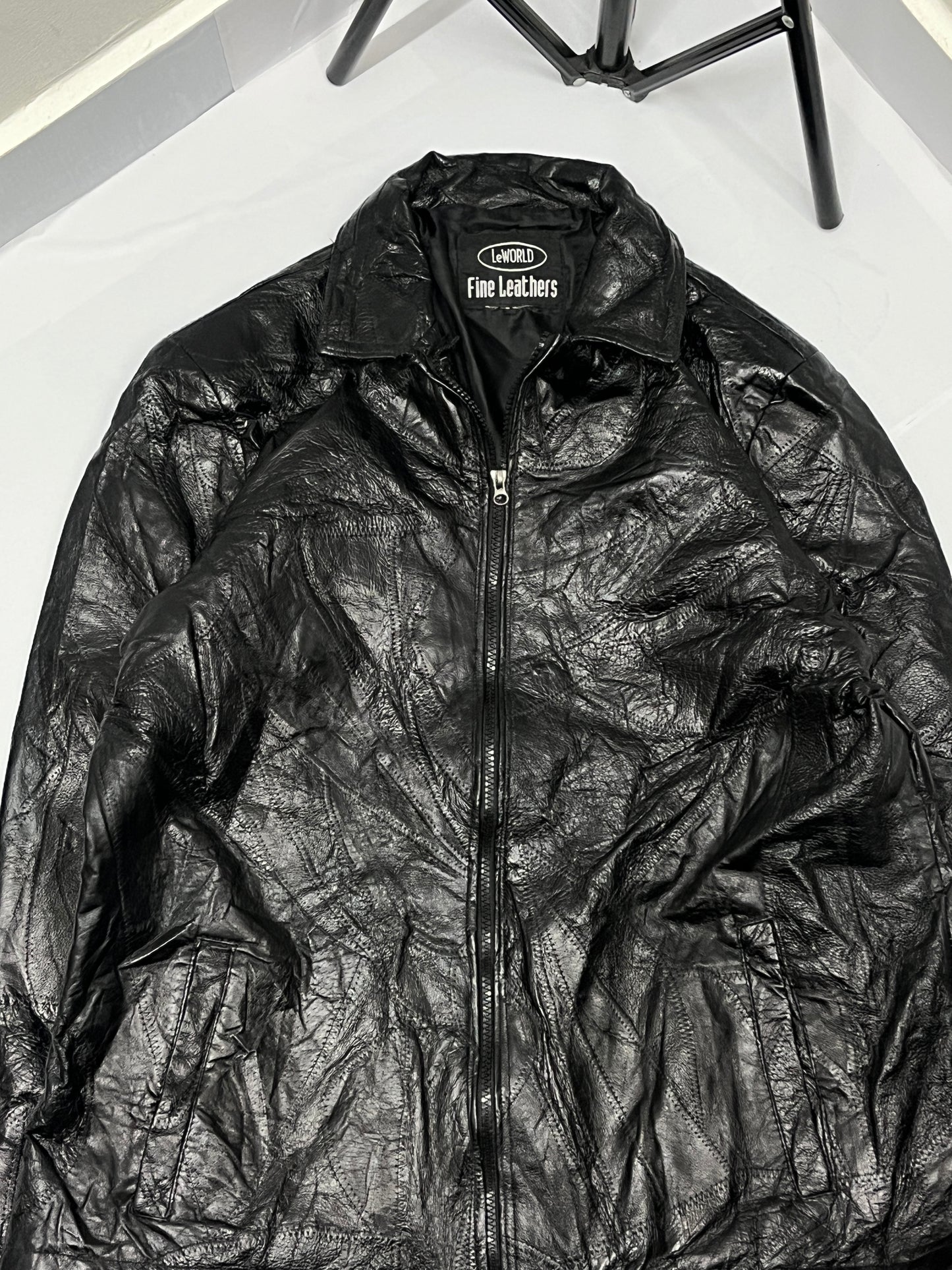 Black shiny crunched line leather jacket