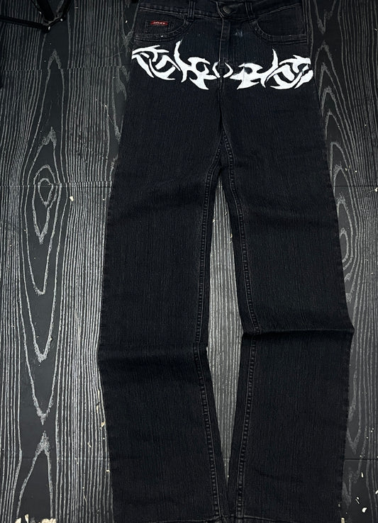 Printed black straight fit jeans, stretchable fabric