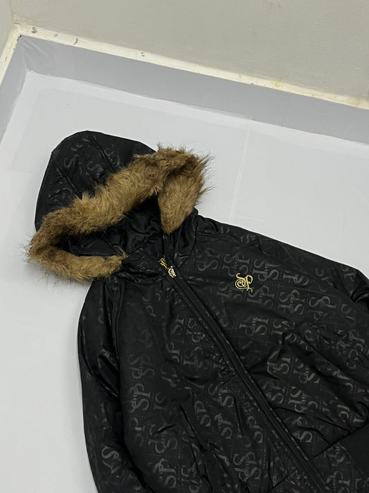 South pole premium fur hodded cropped black jacket