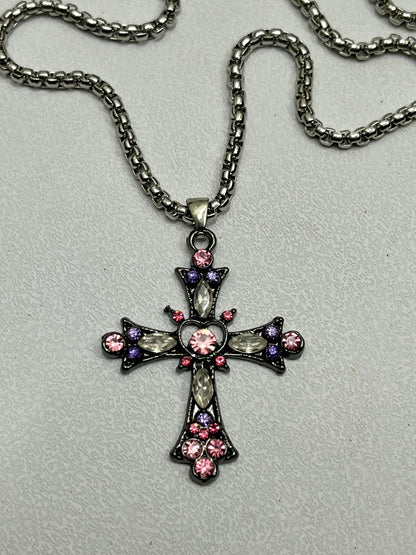 Cute pink cross with silver chain