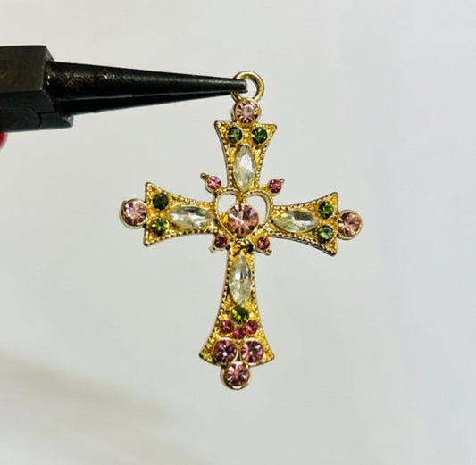 Gold Trending Cross , Green Pink pendant with chain