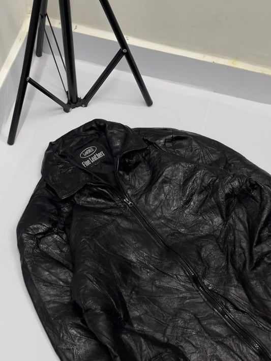Black shiny crunched line leather jacket