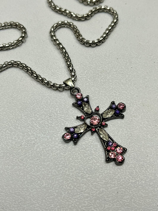 Cute pink cross with silver chain