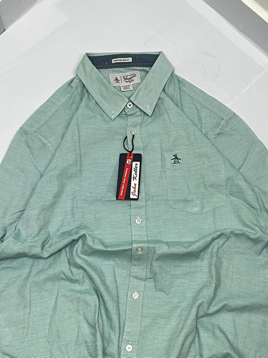 Aesthetic parrot green half sleeve penguin striped shirt